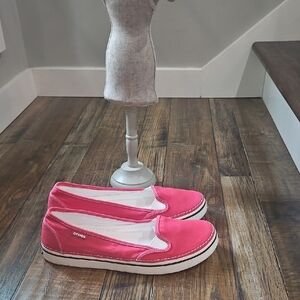 CROCS Coral Pink Canvas Slip-On Flats with White Trim